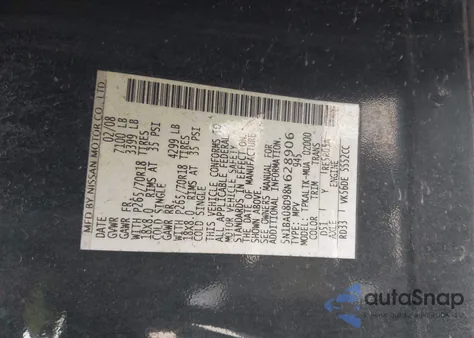 2008 Nissan Armada Se z USA, uszkodzony, nr VIN 5N1BA08D98N628906